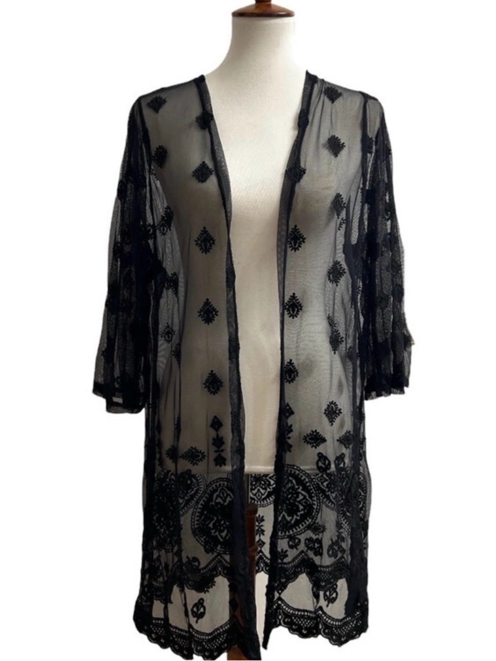 Lace Sheer Embroidered Open Front Kimono Duster Boho Witchy Goth